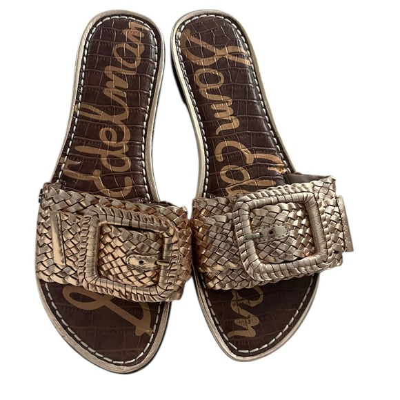 Sam Edelman Woven Slide Sandals Size 7 Metallic Gold Boho Style Resort Wear - Picture 3 of 6